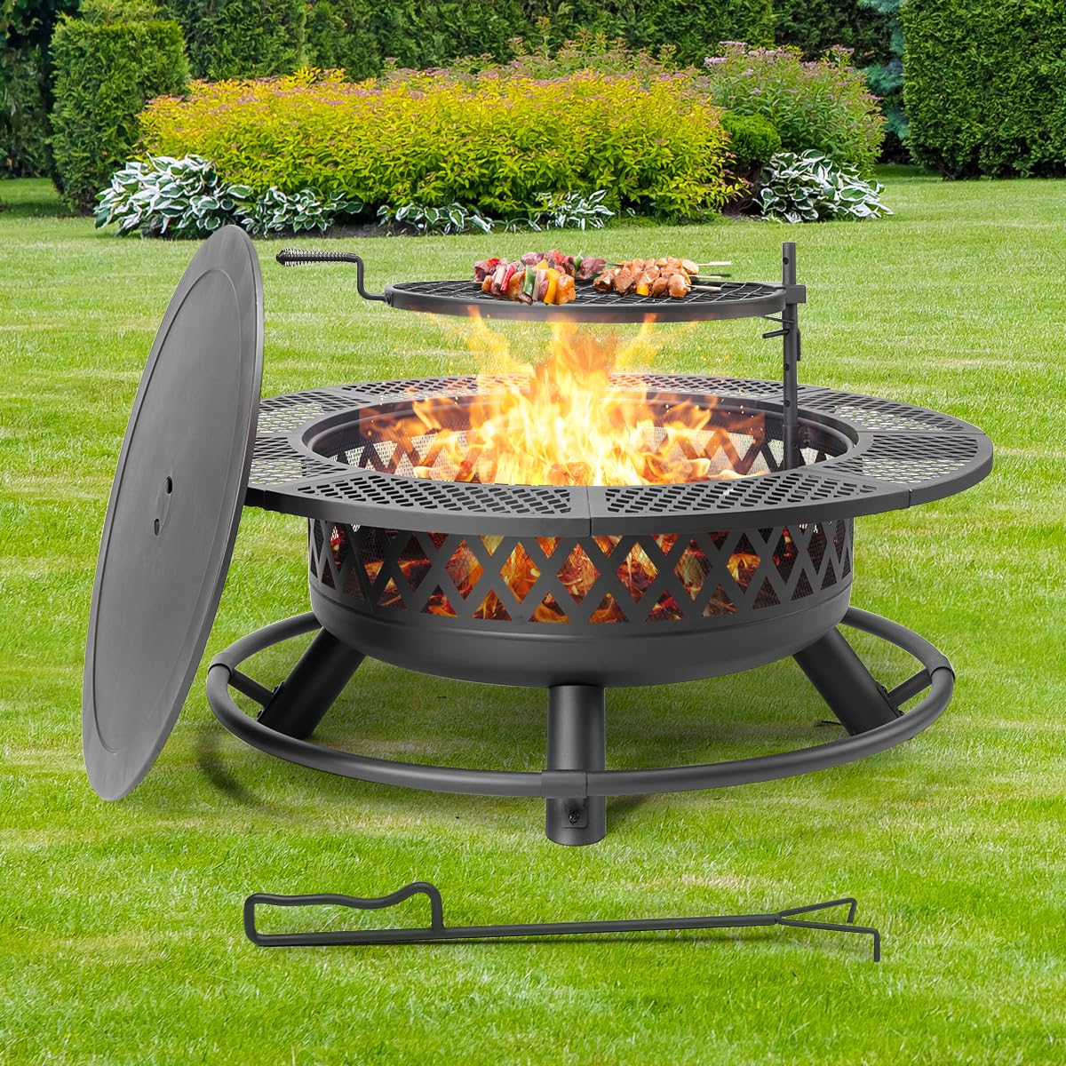 Panovue 42 Inch Outdoor Fire Pit with Grill, Large Firepit Table for Outside, Metal Round Firepits with Lid&Fire Poker,3 in 1 Wood Burning Fire Pits & Outdoor Fireplaces for Backyard,Patio(Black) - Bircata