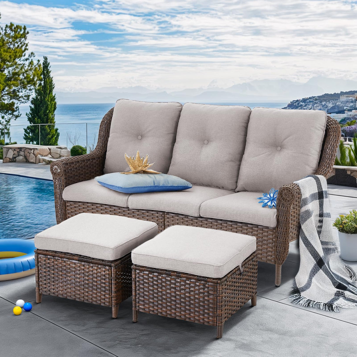 Outdoor Wicker Ottomans Rattan Footstools - Set of 2 Heavy Duty Outside Resin