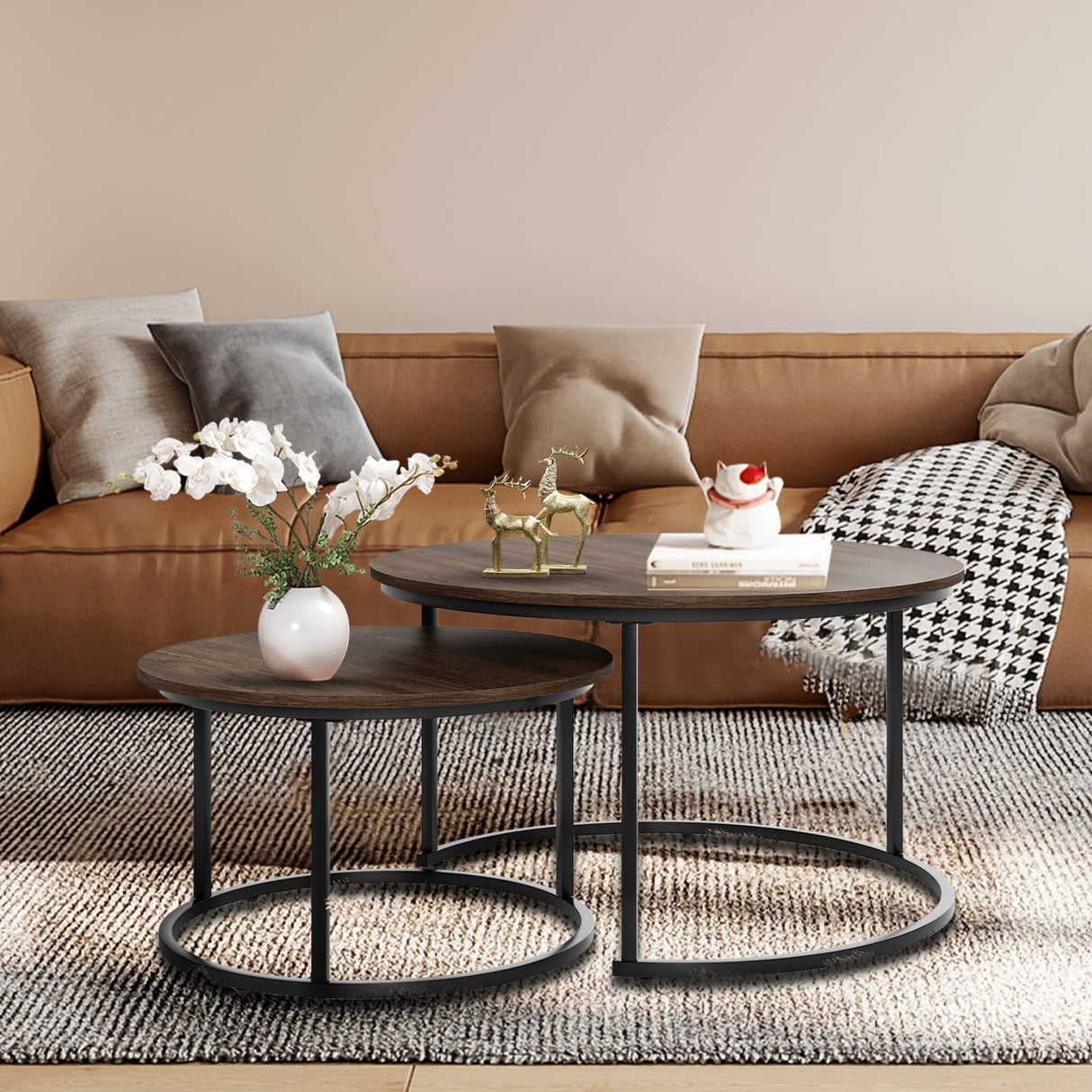 Nesting Coffee Table 31.5IN Set of 2, Rustic Brown Steel Frame Circular