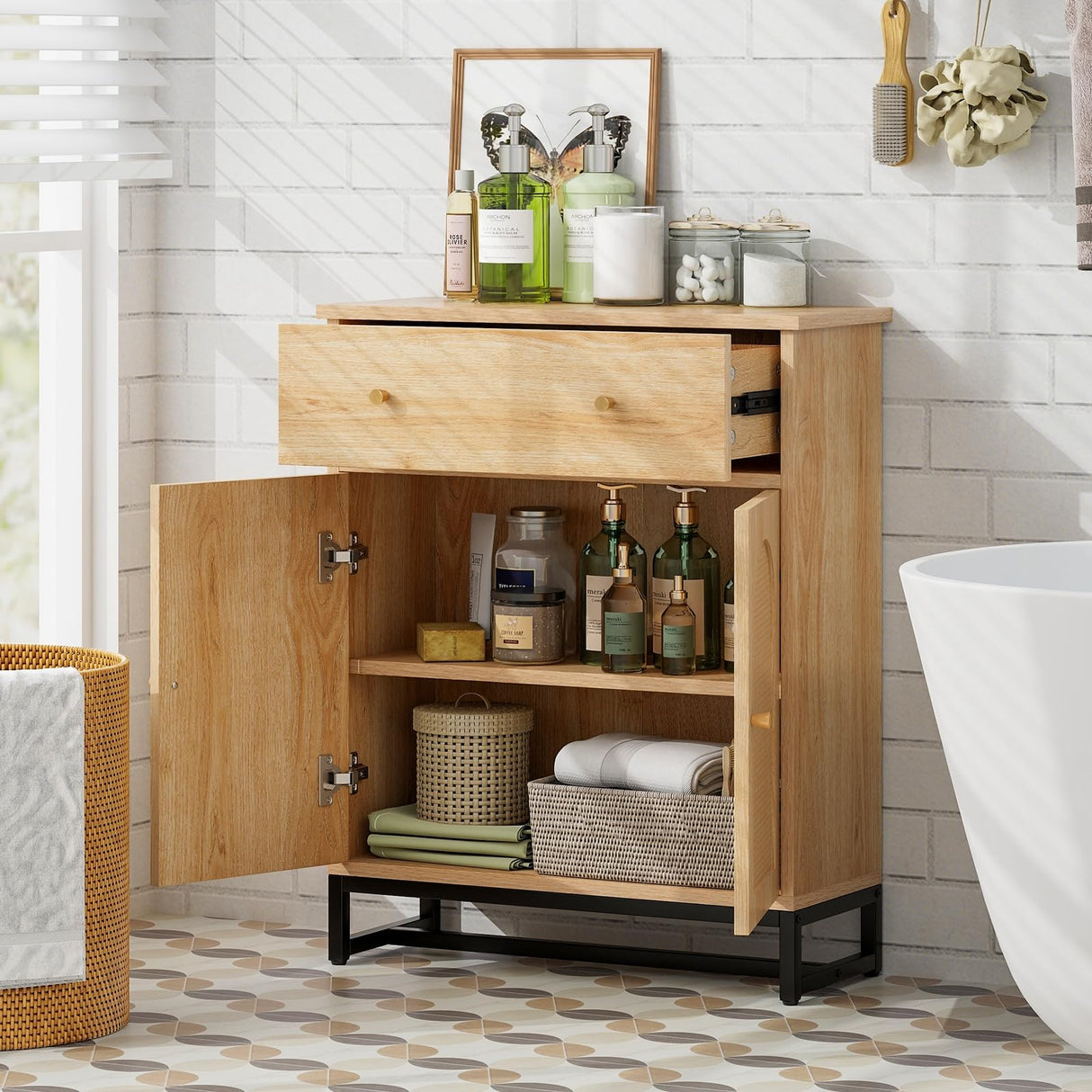 Bathroom Storage Cabinet with Rattan Doors & Drawer, Sideboard Buffet Cabinet
