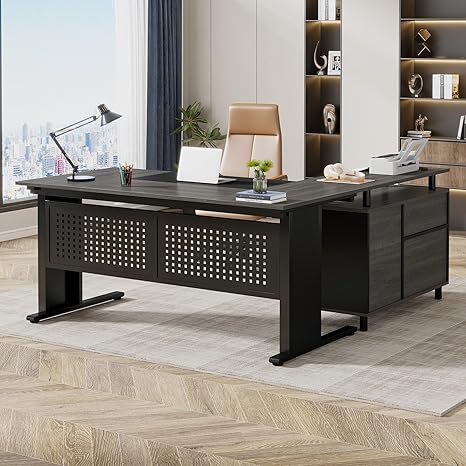 63 Inch Executive Desk with File Cabinet, Large Office Desk L Shaped Computer Desk