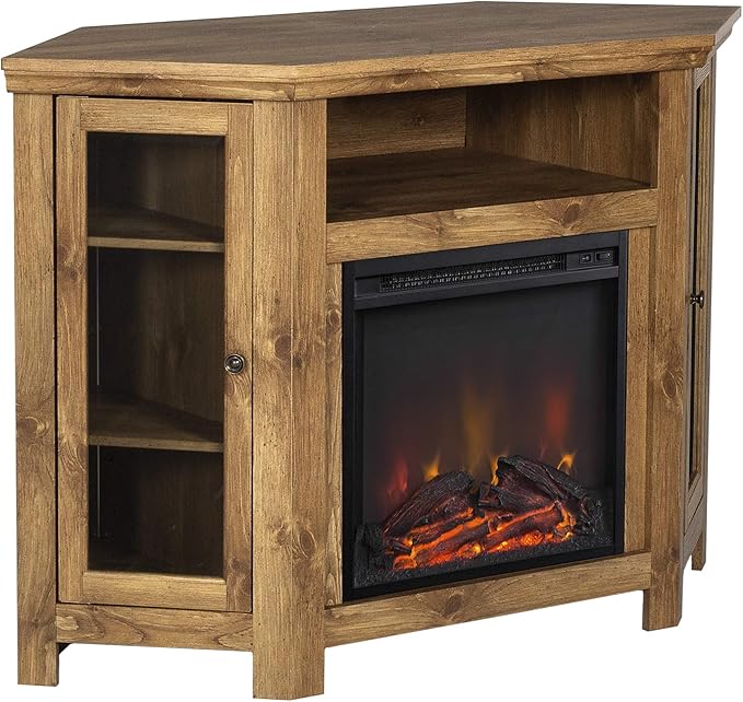 Classic Glass Door Fireplace Corner TV Stand for TVs up to 55 Inches, 48 Inch, White Oa