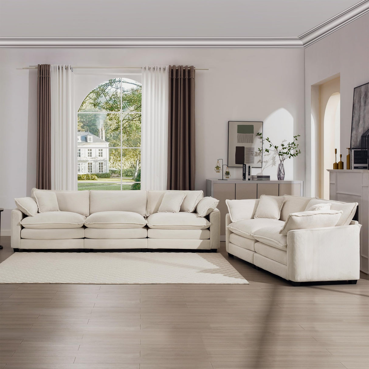 Modern Fabric Living Room Sofa Set - 2-Seat Loveseat & 3-Seat Couch in Light Beige Corduroy