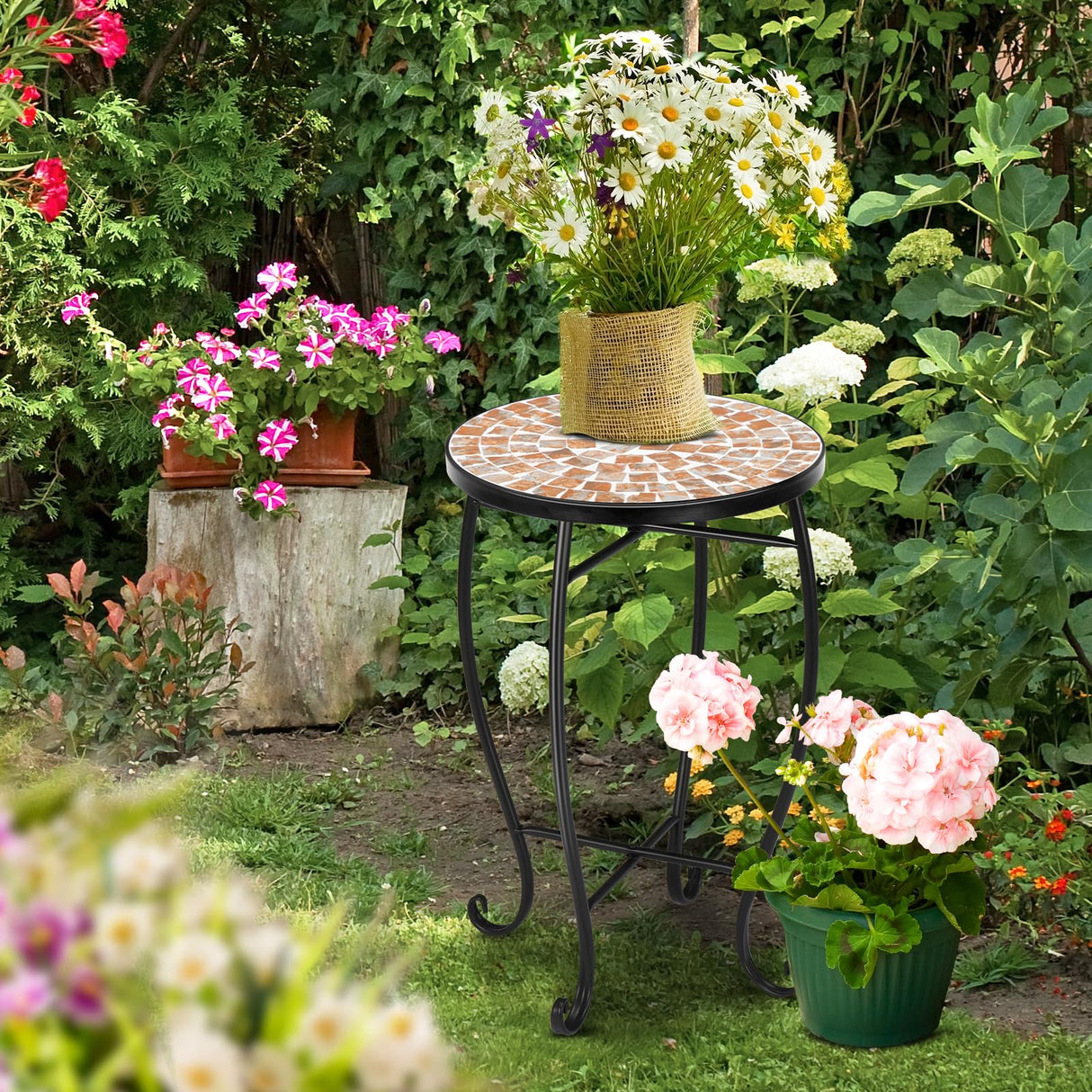 Mosaic Outdoor Side Table, 14" Round End Table, Accent Table, Plant Stand Ideal