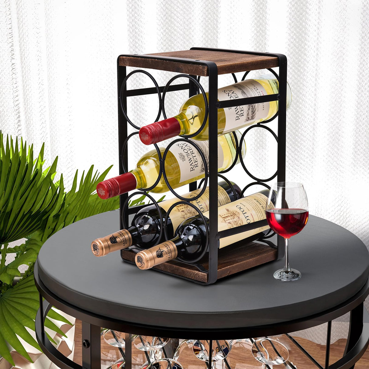 Rustic Wood & Metal Wine Rack – 6 Bottle Countertop Holder