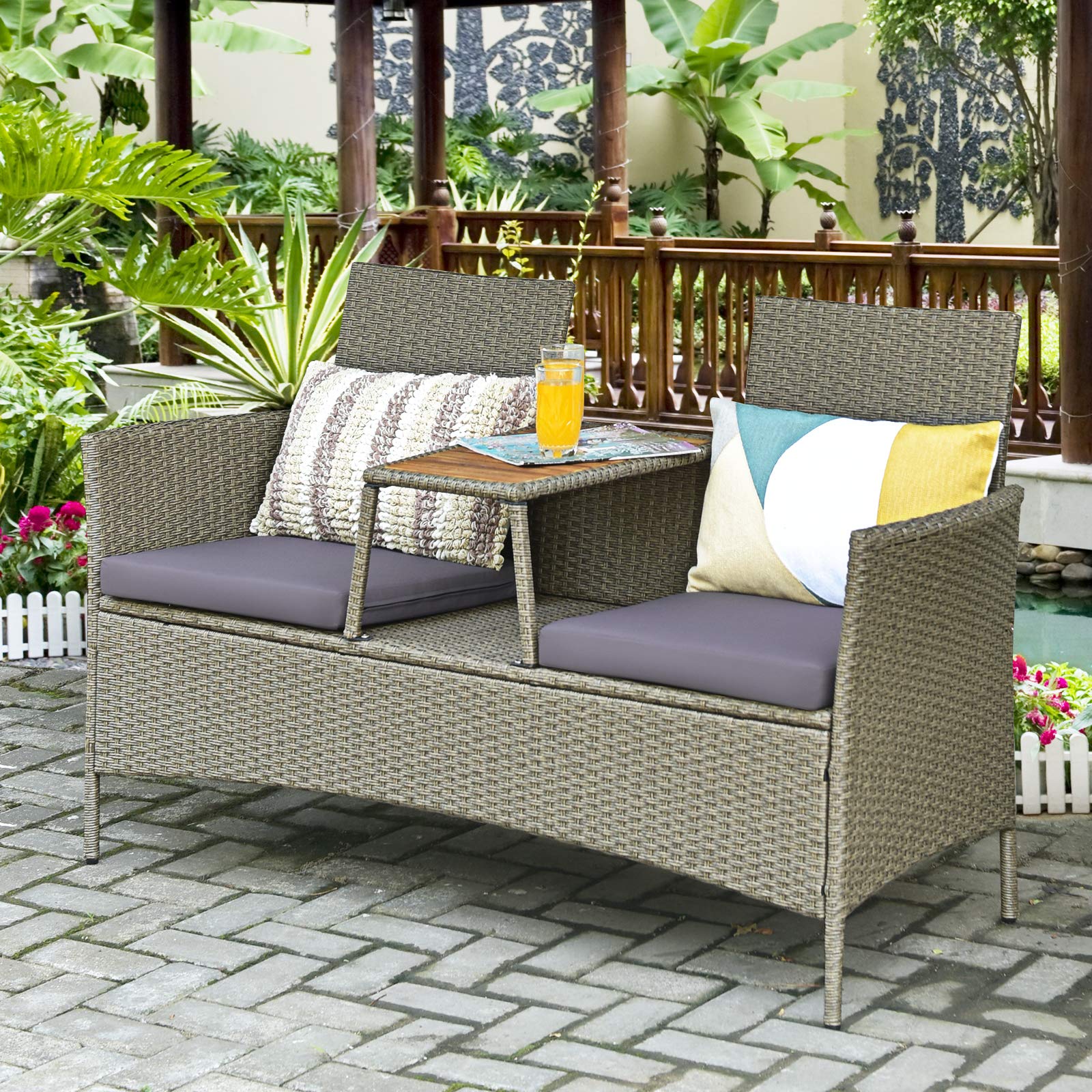 Outdoor Rattan Loveseat, Patio 2-Person Wicker Conversation Set w/Cushion