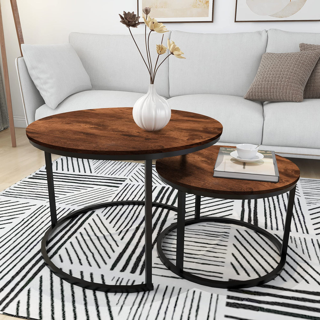 Round Coffee Table Set of 2 Modern Nesting Side End Table for Living Room