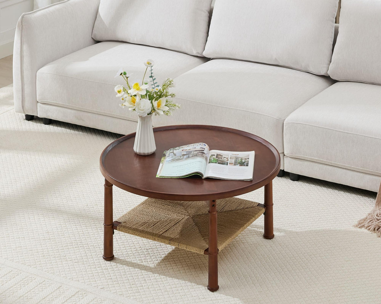 32" Round Coffee Table for Living Room, 2-Tier Small Living Room Table