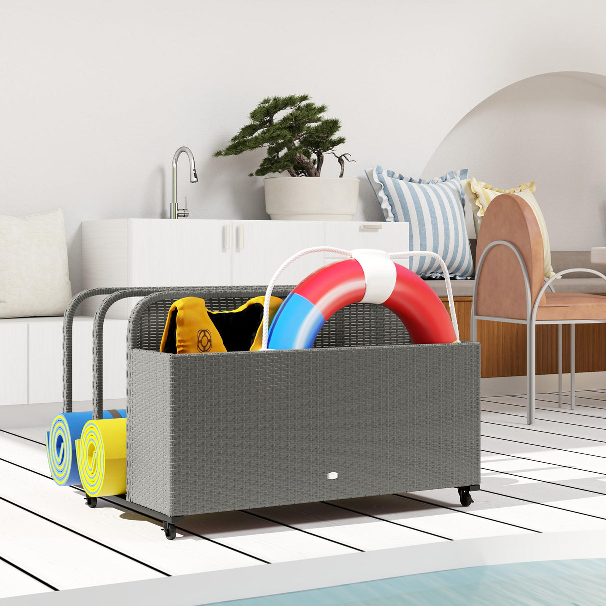 Wicker Patio Pool Float Storage Basket, PE Rattan Outdoor Pool Caddy with Rolling Wheels