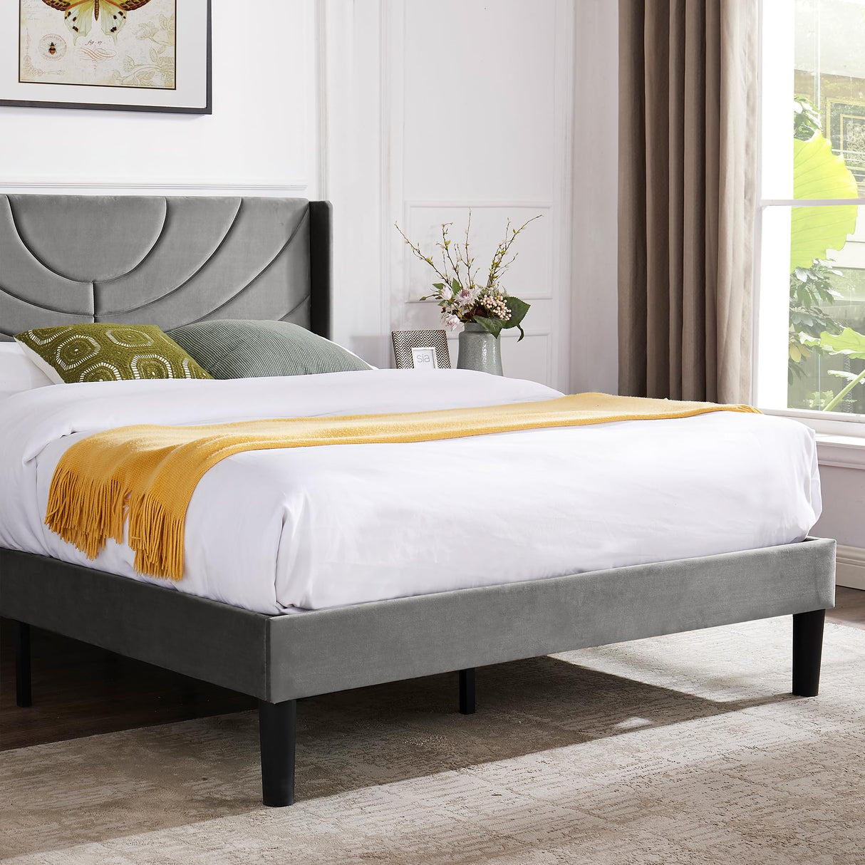 Queen Size Upholstered Platform Bed Frame with Fabric Headboard