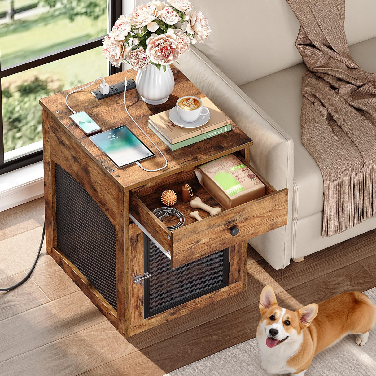 Dog Crate Furniture with Charging Station and Drawer