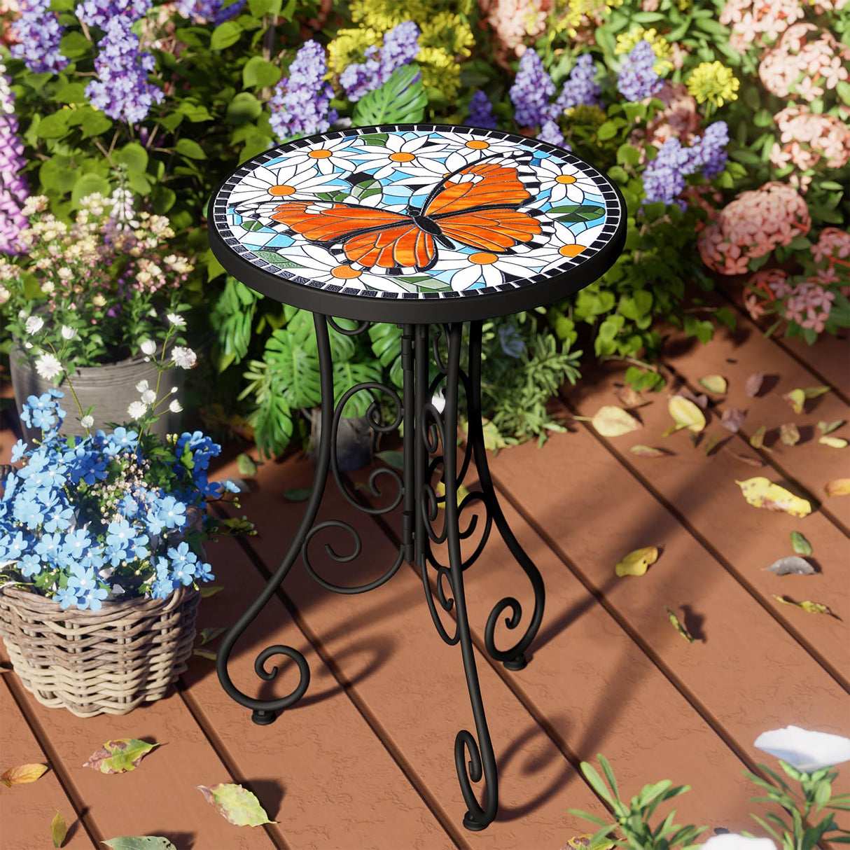 Mosaic Outdoor Side Table, Patio Side Table, Weather Resistant 14" Diameter 21" H Ceramic