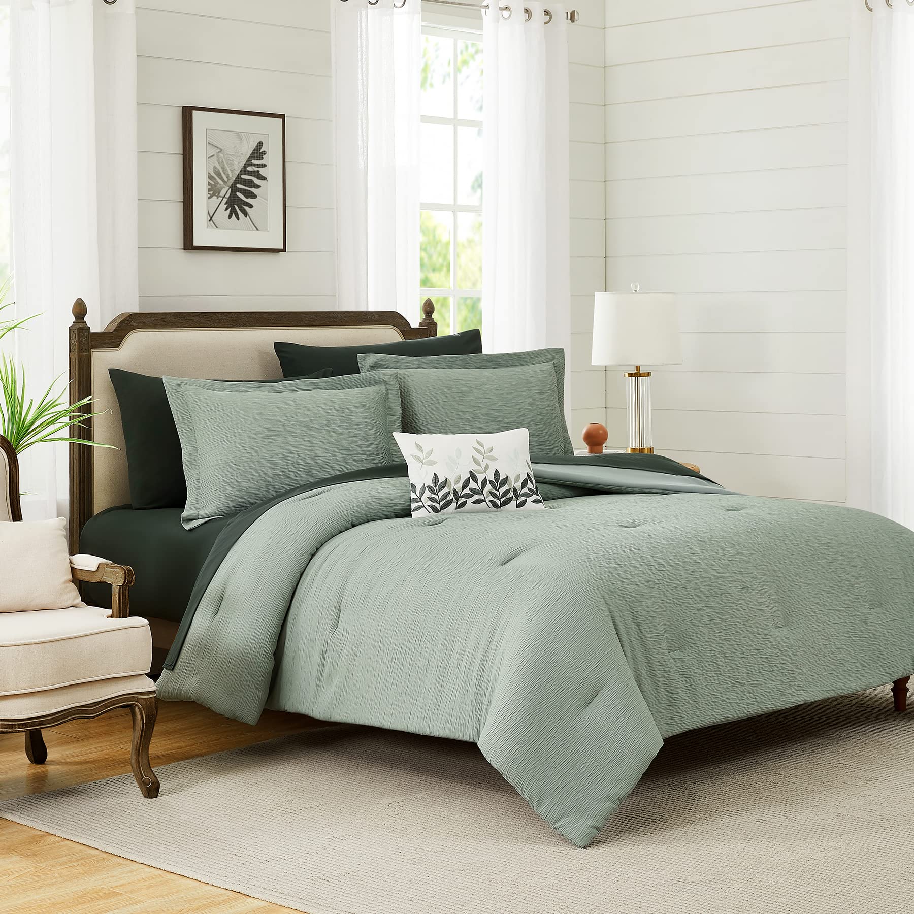 Sage Green Comforter, California King Comforter Set Textured Design