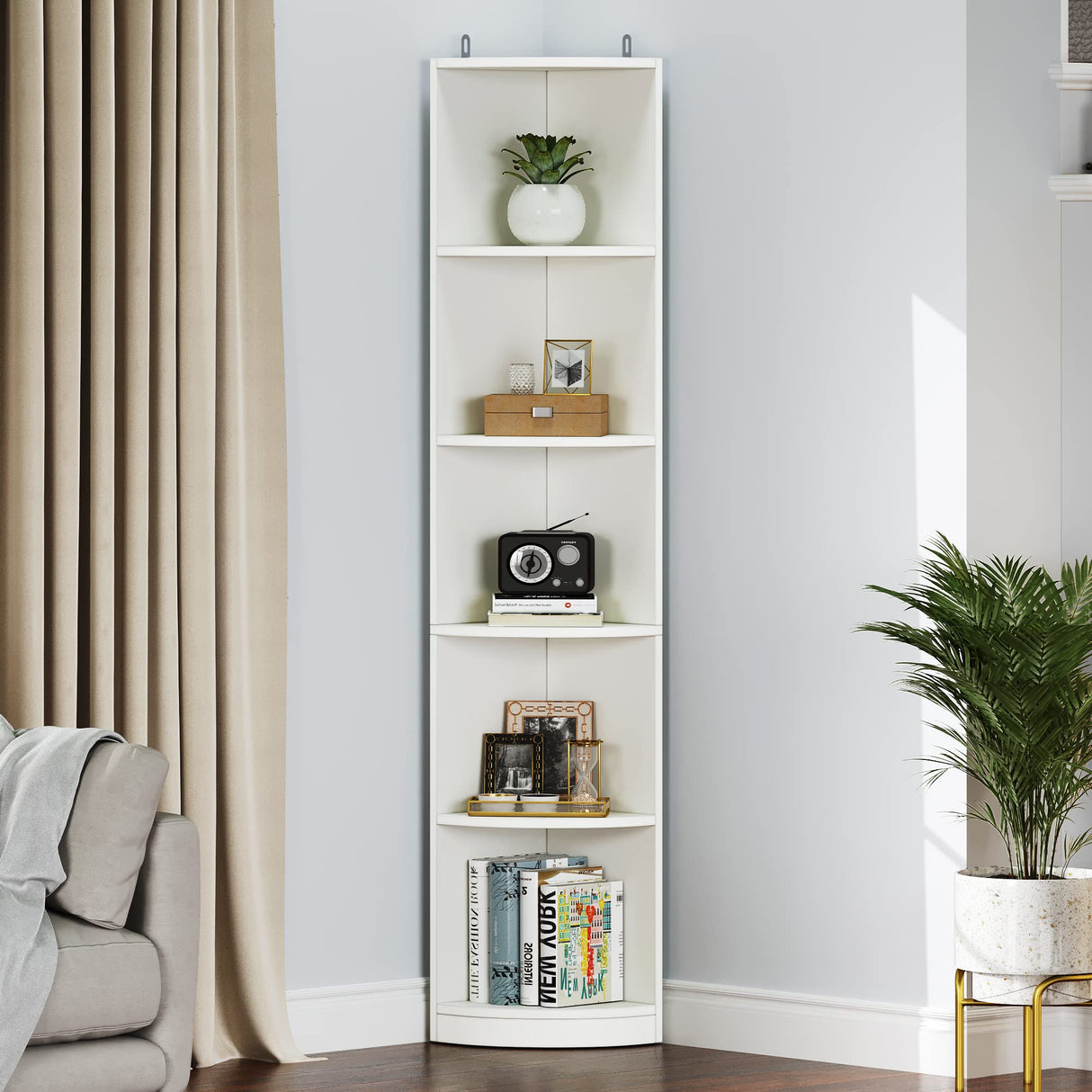 5-Tier Corner Shelf, 70.8" Tall Modern Free Standing Corner Bookshelf, 5 Shelf Display Corner Bookcase and Bookshelves,Wooden Open Storage Book Shelves for Living Room, Home Office, White