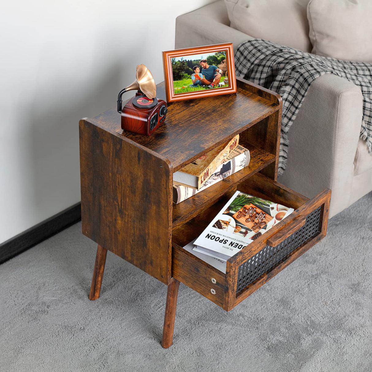 Nightstand, Side Table with Drawer Open Shelf
