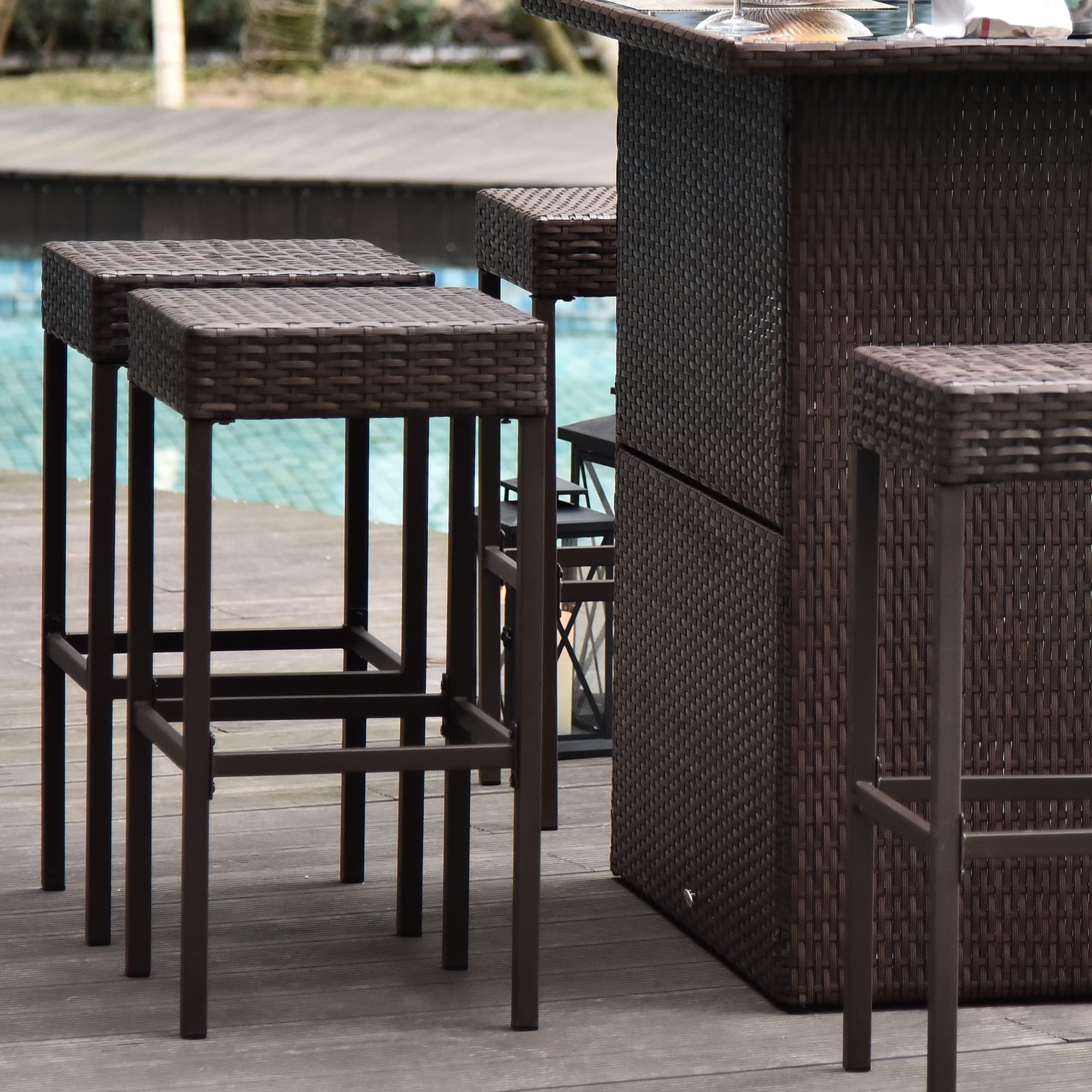 5 Pcs Rattan Wicker Bar Set, High Top Outdoor Table and Chairs