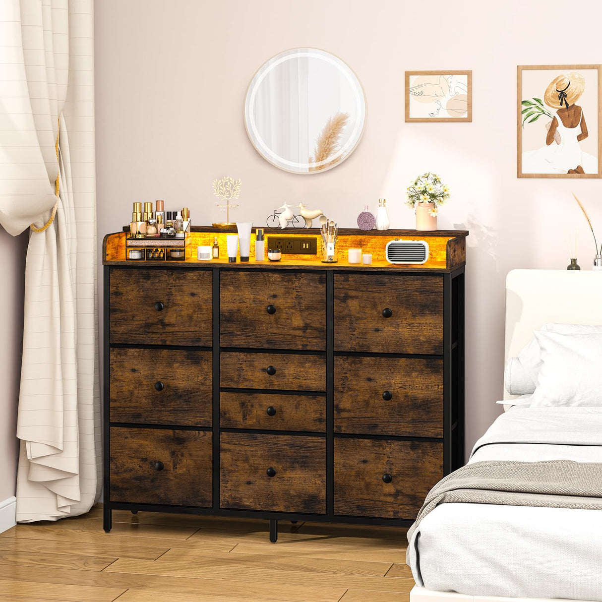 Dresser for Bedroom with Charging Station and LED Lights