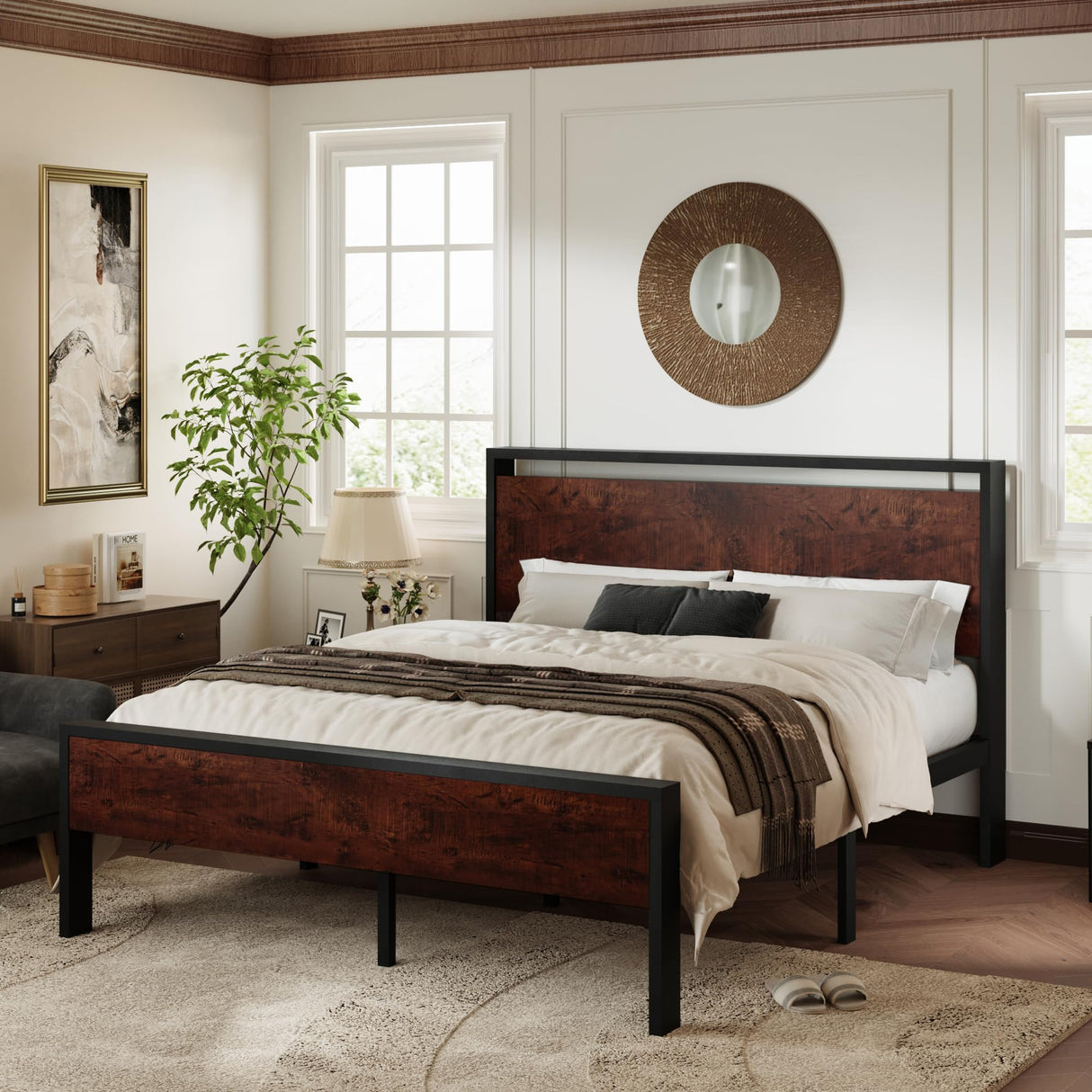 Queen Size Platform Bed Frame with Wooden Headboard and Footboard