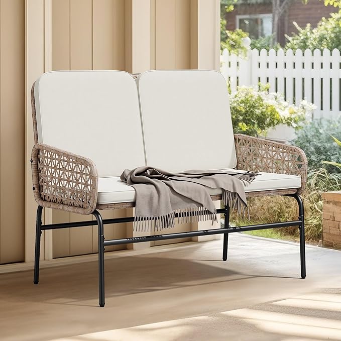 Patio Loveseat All-Weather Wicker Loveseat with Wooden Armrest