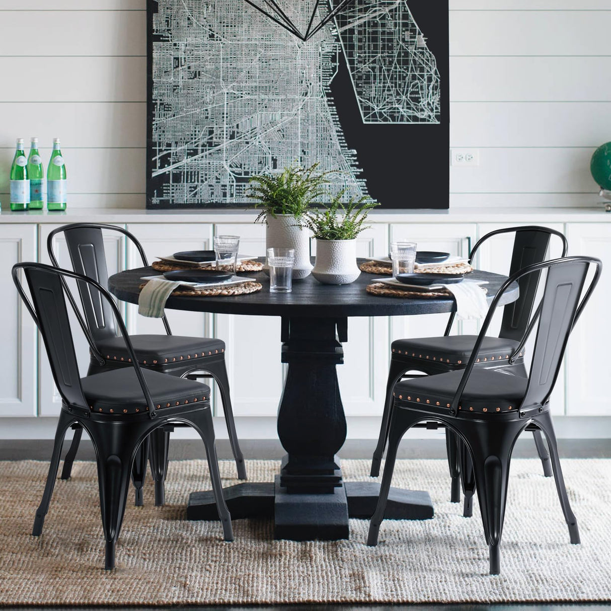 4pcs Metal Dining Chairs with PU Leather Seat High Back Soft Cushioned Industrial Classic Iron Chairs