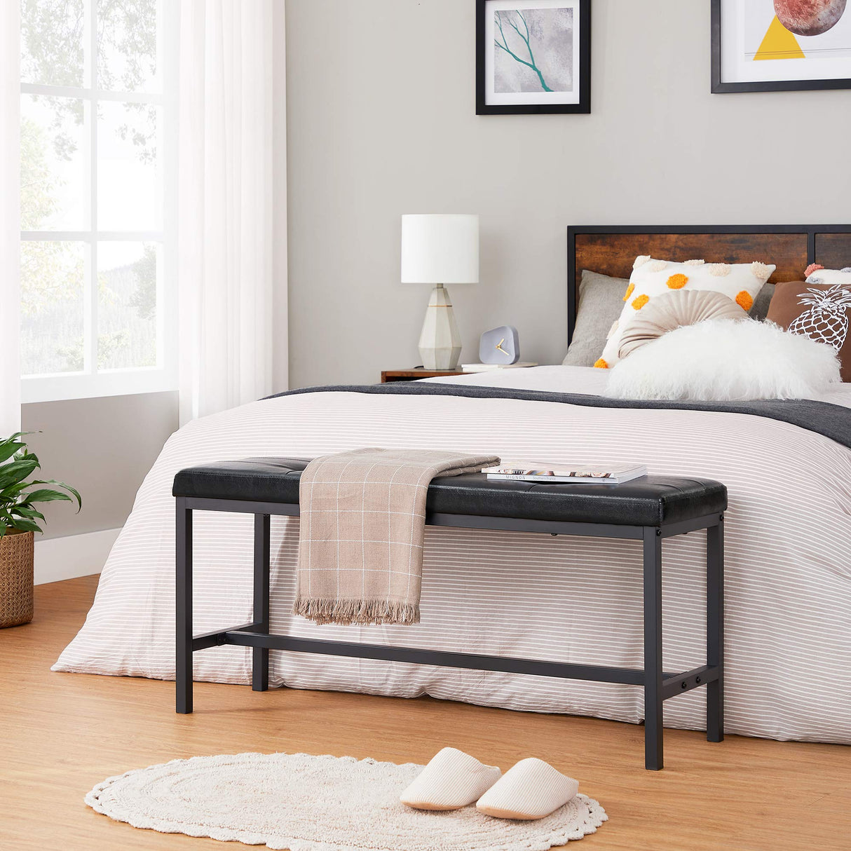 Dining Table Bench, Ottoman Bench with PU Leather Padded Seat