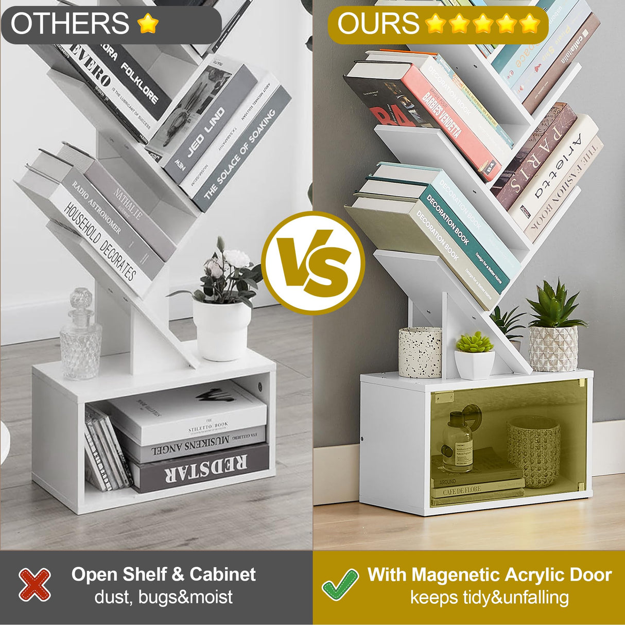 7-Tier Tree Bookshelf with Drawer, Wooden Tree-Shaped Book Display Shelves for CDs/Magazines/Books, FreeStanding Geometric Bookcase Organizers for Home Office, Ivory White