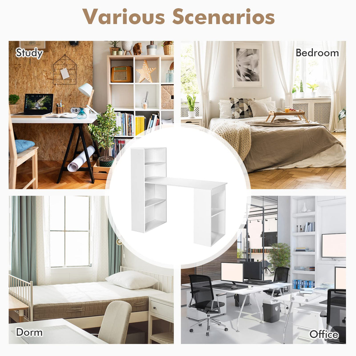 White Computer Desk with Shelves, 48” Study Writing Desk with 6-Tier Storage Shelves,