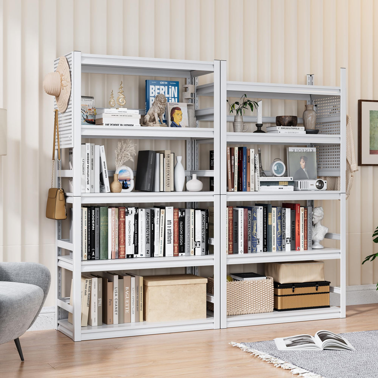 RpAosd Bookshelf,5-Tier Adjustable Book Shelf with Bookends,White Metal Bookcase for Home Office Living Room,Bookshelf with Pegboard Storage