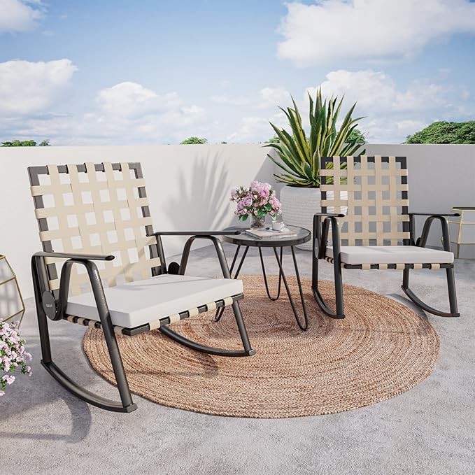 3 Piece Bistro Set Patio Rocking Chairs Outdoor Furniture w Beige Cushions