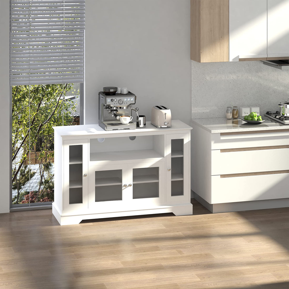 Sideboard Buffet Cabinet with Storage, Kitchen Cabinet Coffee Bar Cabinet with Glass Doors for Living Room, Kitchen, White