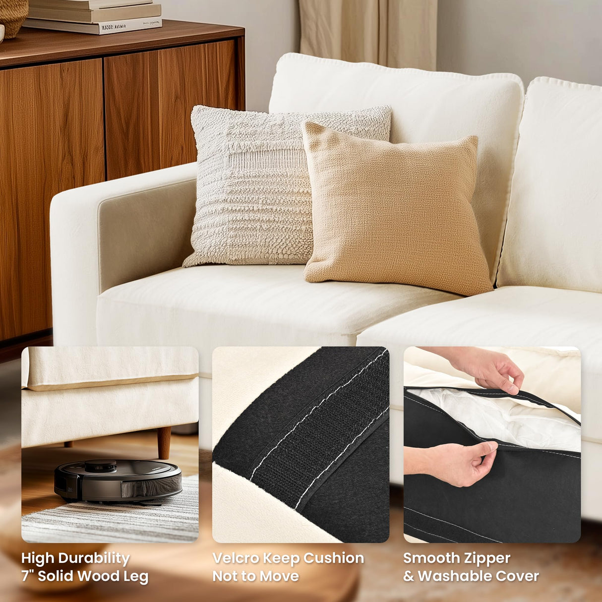 Pamapic 81” Loveseat Sofa,3 Seater Love Seat Couch,Comfy Dutch Velvet Cushion,Deep Loveseat,Removable Washable,Modern Love Seat Couch for Living Room,Bedroom, Apartment,Loft,Cream