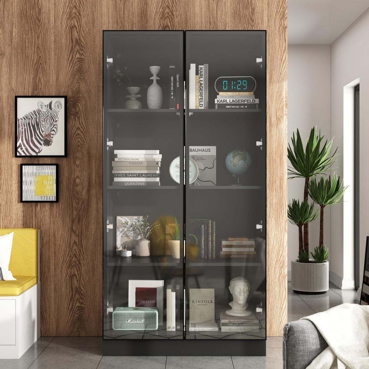 63”H Tall Glass Bookcase Display Cabinet with Lights, 4 Tier Shelves & 2 Glass Doors, Modern Bookshelf Organizer Glass Cabinet for Home Office, Living Room, Kitchen, Garage (Black)