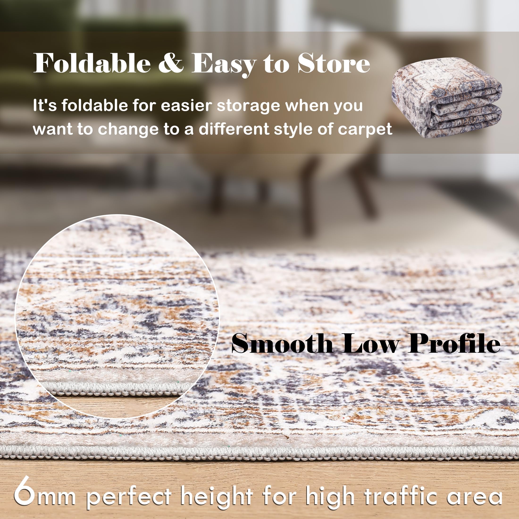 PureCozy Brown Area Rug 5x7 Living Room Rug Washable Indoor Accent Rug Vintage Low Pile Carpet Retro Distressed Throw Rug Bedroom Office Dining Room Kitchen Laundry Room