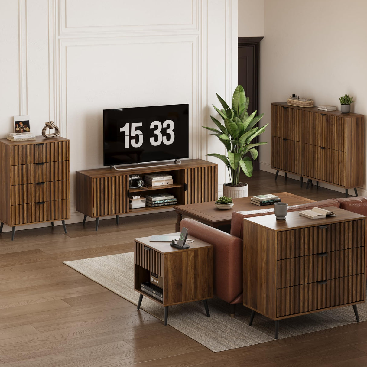 63" Walnut Fluted TV Stand with Storage Cabinets