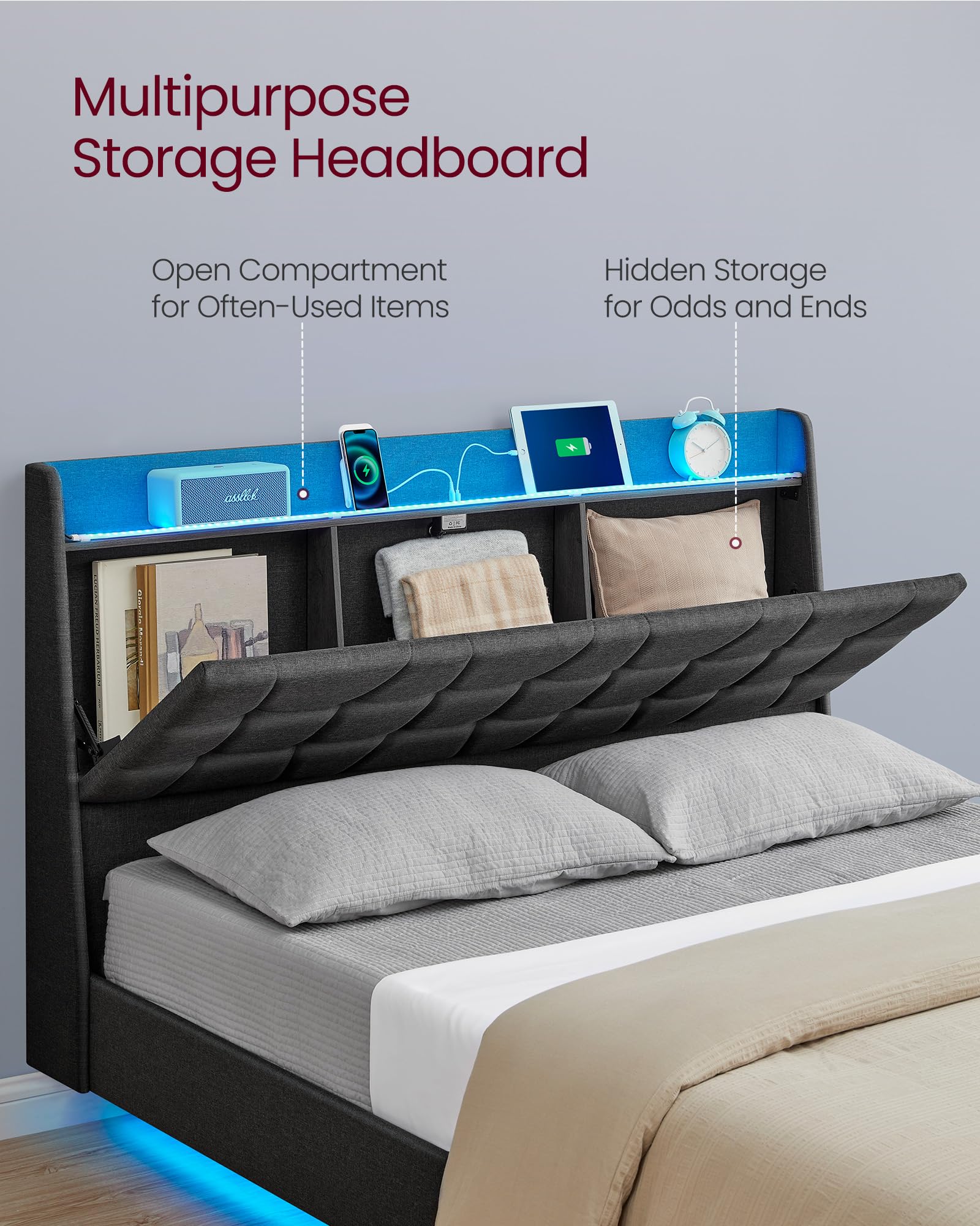 VASAGLE Queen Size Floating Bed Frame with LED Lights, Queen Bed Frame with Charging Station, Tufted Storage Headboard, Upholstered Platform Bed Frame, No Box Spring Needed, Dark Gray URMB851G71