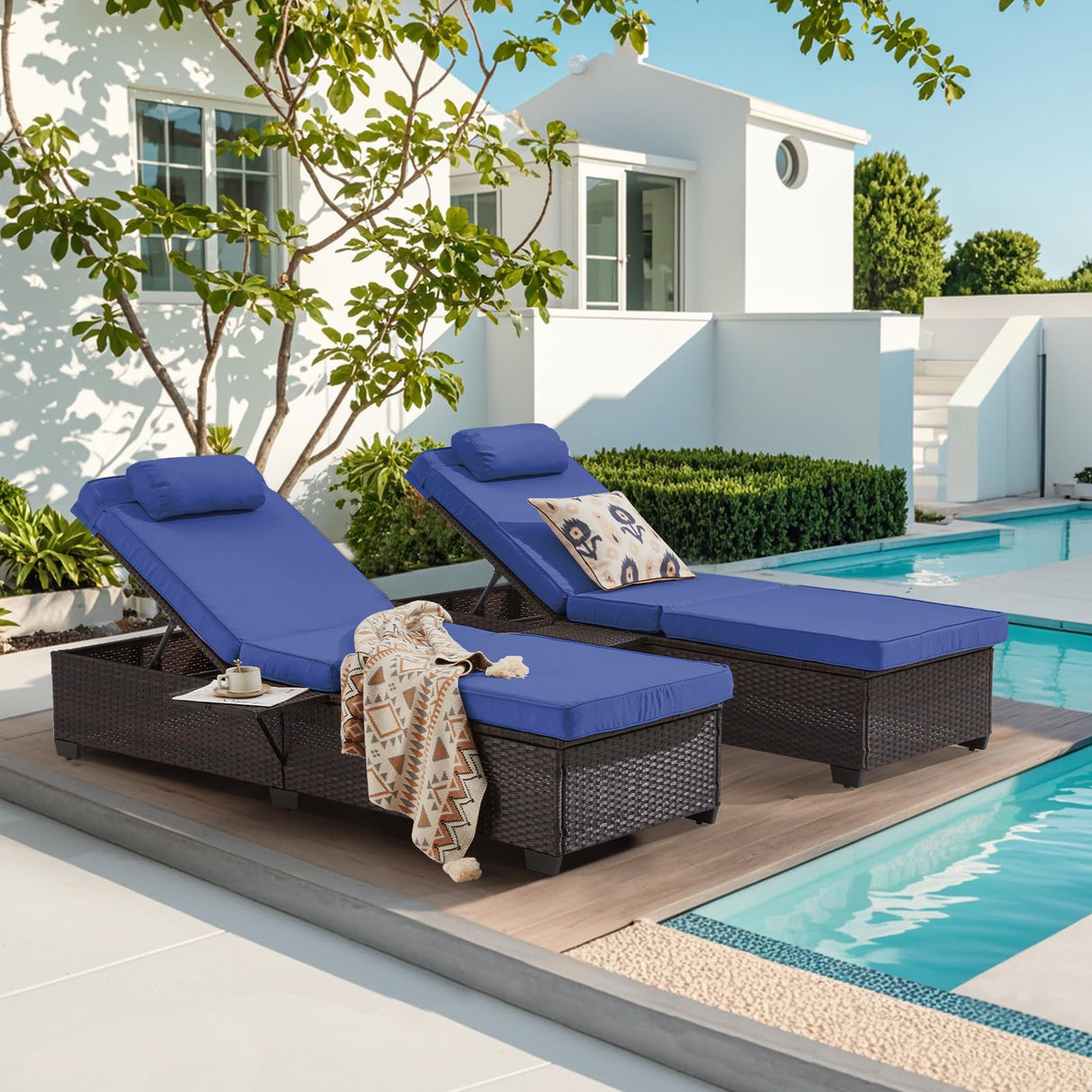 Yalissey Outdoor Lounge Chairs, Pool Lounge Chairs Set of 2, Outdoor Chaise Lounge with Adjustable Backrest & Cup Holder,Blue