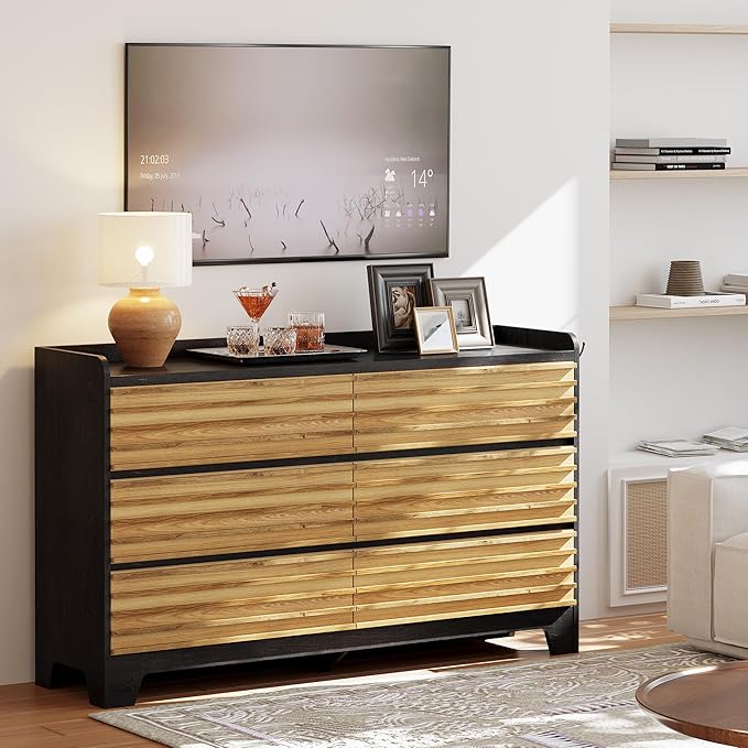 6 Drawer Dresser for Bedroom with 3 Hook, 59" Wide Wood Dresser Chests of Drawers