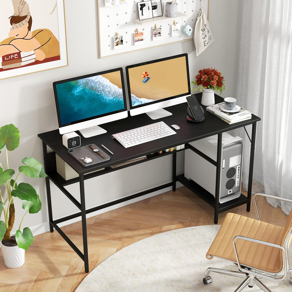 55 Inch Computer Desk with 4 Power Outlets & 2 USB Ports, Home Office Desk