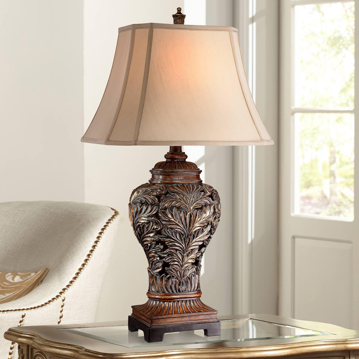 Barnes and Ivy Leafwork Traditional 3-Way Table Lamp 32 1/2" Tall with USB Charging Port Bronze Brown Tan Rectangular Shade for Bedroom Living Room Nightstand Bedside Night Stand Office Kids