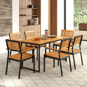 7 Piece Outdoor Dining Set for 6, Acacia Wood Rectangular Dining Table & 6 Armchairs