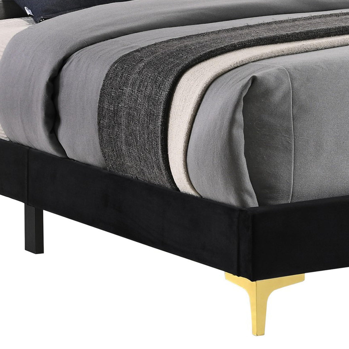 Lif Platform King Size Bed, Panel Tufted Headboard, Velvet, Black and Gold