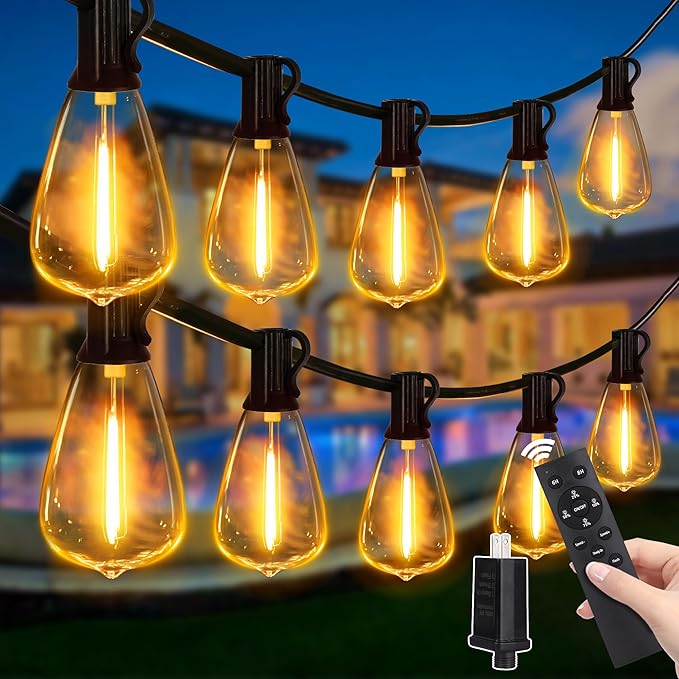 Dimmable with Remote, 100 FT Outdoor Lights with 2 Timer and 3 Mode, Waterproof &