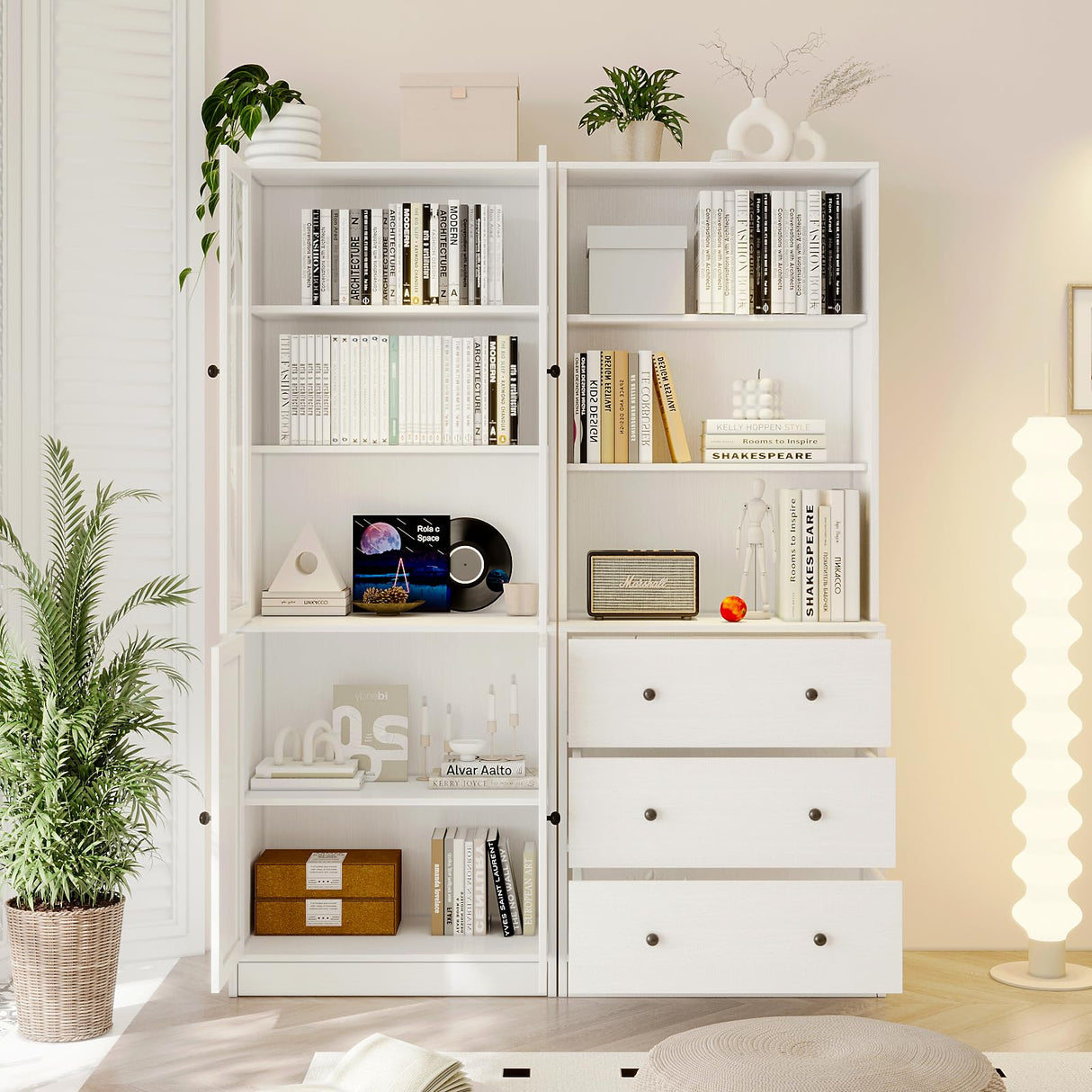 Bookshelf Bookcase, 3-Tier Modern Bookshelves 3 Large Drawer, Wood Filing Cabinet with Open Storage Shelf, Glass Doors 5-Tier Fixed Storage Shelves for Home Office