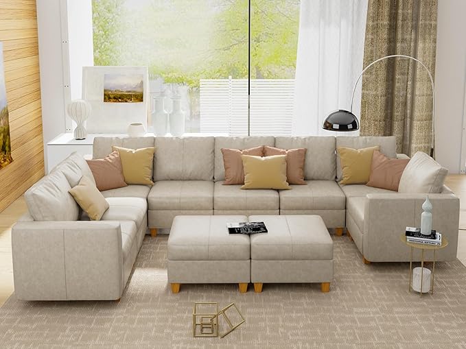 Large Modular Sectional Couch U Shaped Sofa with Storage, Faux Leather Modular Sofa 11 Seat Convertible