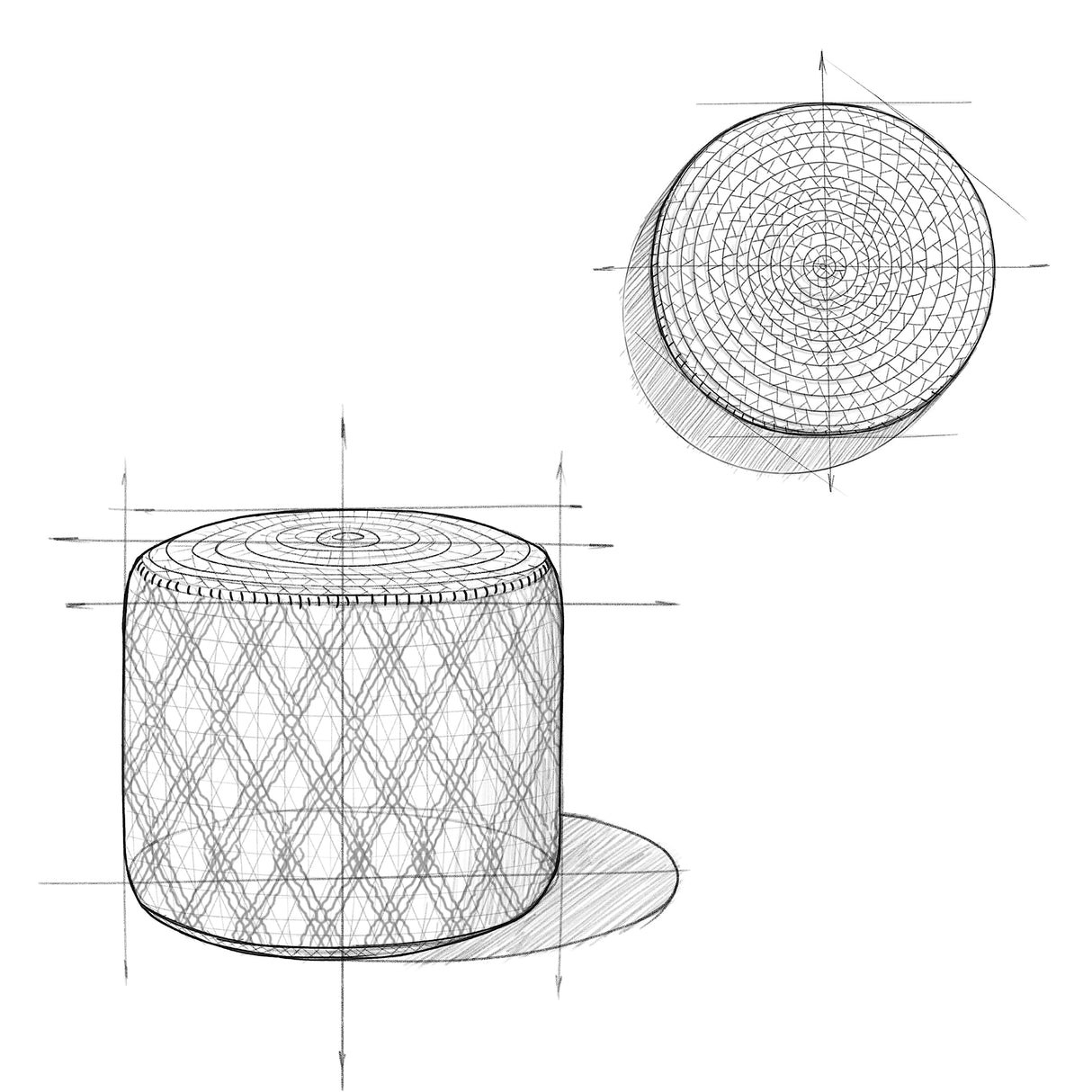 Edgeley Round Pouf, Footstool, Upholstered in Grey, Natural Woven Braided Jute