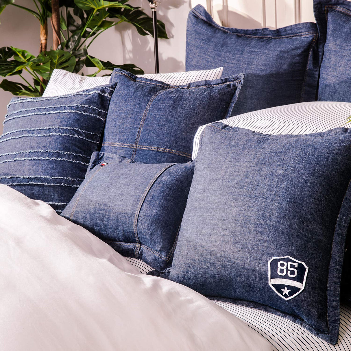 100% Cotton Washed Denim Decorative Throw Pillow Covers Dark Blue Cushion Covers
