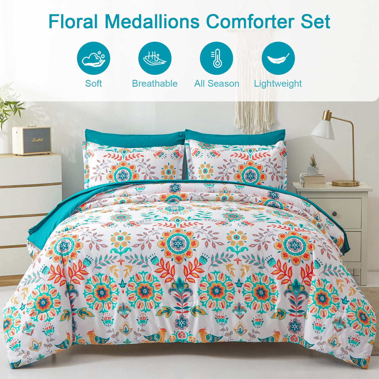 Boho Comforter Set Queen - 7 Pieces Bed in a Bag Floral Medallions Design, Bohemian