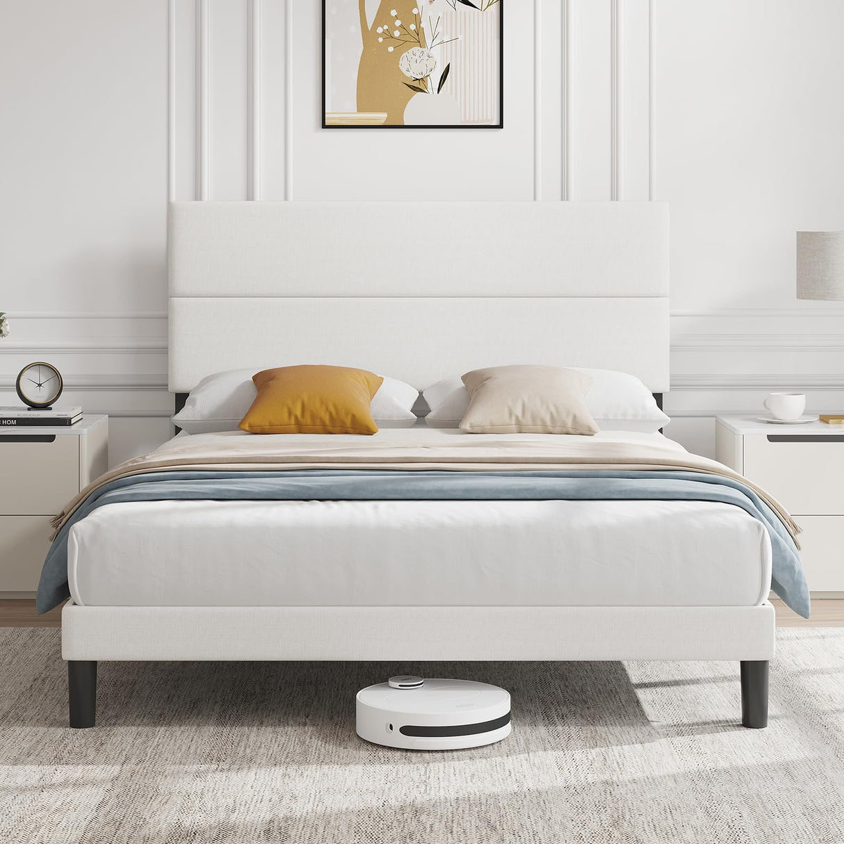 Queen Size Bed Frame, Upholstered Platform Bed with Adjustable Headboard