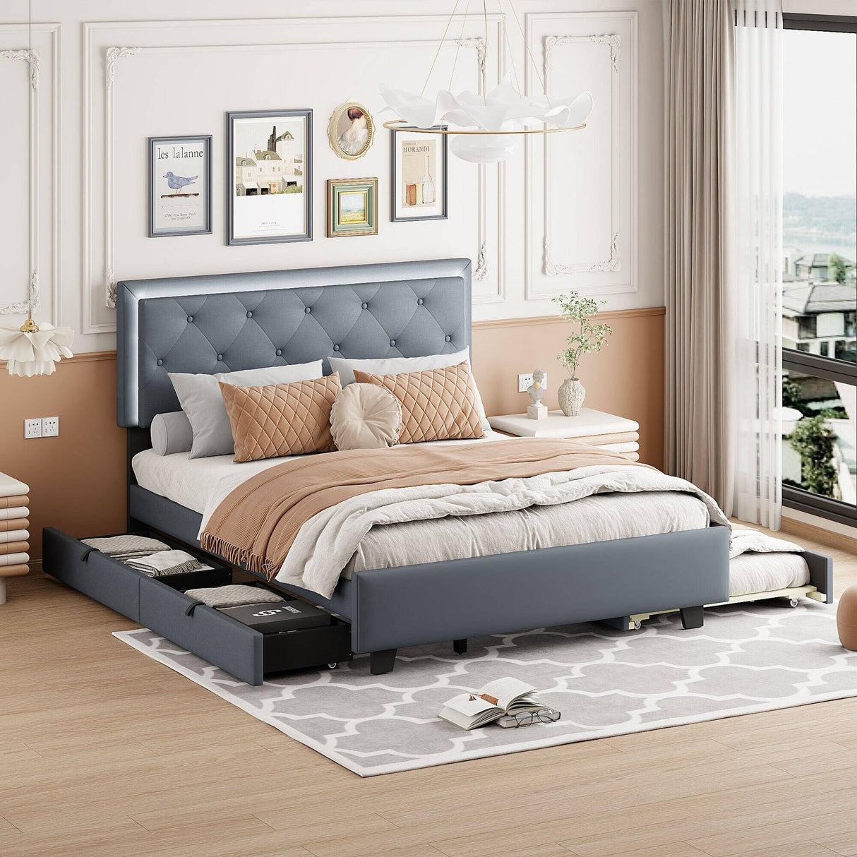 Velvet Storage Platform Bed, with 2 Big Drawers