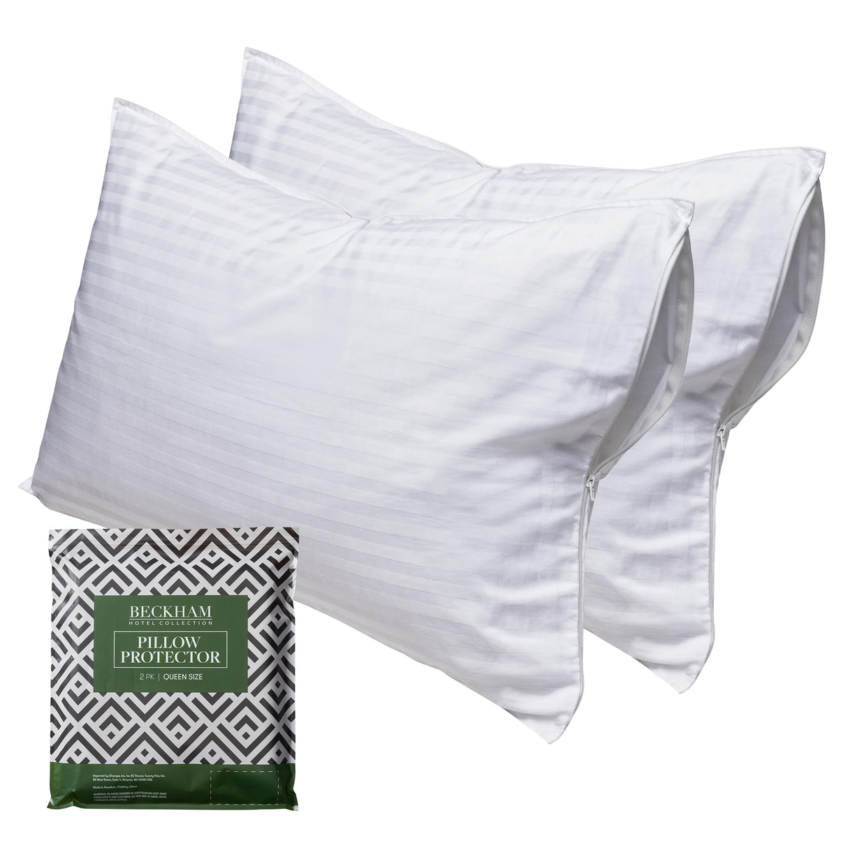 Beckham Hotel Collection Queen Size White Pillow Protector with Zipper Set of 2, Soft and Breathable Cotton Pillow Protector Covers